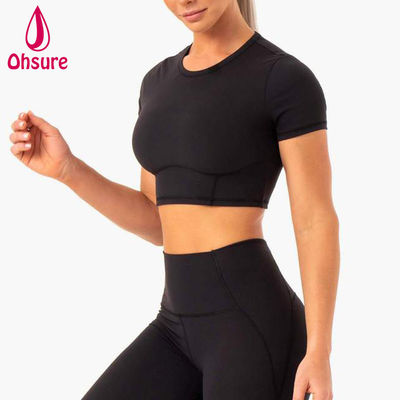 T-shirt aderente da donna a 2 pezzi, per fitness, palestra, yoga, cropped, all'ingrosso, con logo personalizzato, morbido, ad asciugatura rapida, sportivo, 50-100 pezzi