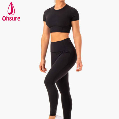 T-shirt aderente da donna a 2 pezzi, per fitness, palestra, yoga, cropped, all'ingrosso, con logo personalizzato, morbido, ad asciugatura rapida, sportivo, 50-100 pezzi