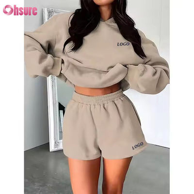 F240140 Short Set su misura Set a due pezzi Set donna manica lunga Hoodie semplice Sweatsuit e pantaloni corti Set abiti da primavera per donne