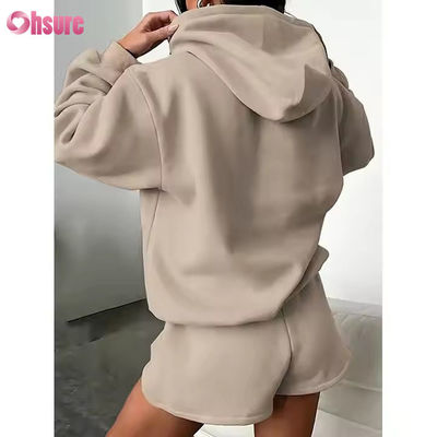 F240140 Short Set su misura Set a due pezzi Set donna manica lunga Hoodie semplice Sweatsuit e pantaloni corti Set abiti da primavera per donne