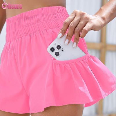 Pantaloncini da corsa atletici a vita alta da donna, allenamento in palestra, ad asciugatura rapida, fluenti, con tasche, tinta unita, ad asciugatura rapida
