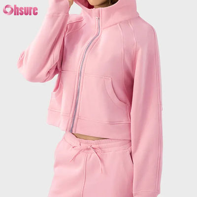 Logo personalizzato Donna vintage Full Zip Fleece Giacca da allenamento per inverno Corsa Yoga Gym Hoodie Fori pollice rivestimento Tessuto a maglia