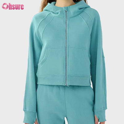 Logo personalizzato Donna vintage Full Zip Fleece Giacca da allenamento per inverno Corsa Yoga Gym Hoodie Fori pollice rivestimento Tessuto a maglia