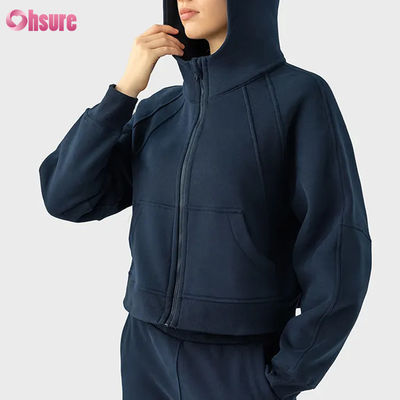 Logo personalizzato Donna vintage Full Zip Fleece Giacca da allenamento per inverno Corsa Yoga Gym Hoodie Fori pollice rivestimento Tessuto a maglia