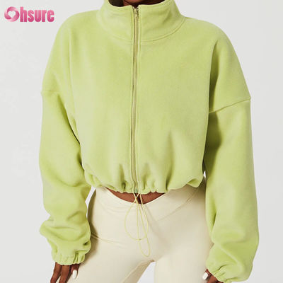 Supporto logo personalizzato di alta qualità Felpa con cappuccio da donna Abbigliamento sportivo fitness Autunno Maniche lunghe Pile Caldo con zip intera Felpe con cappuccio corte