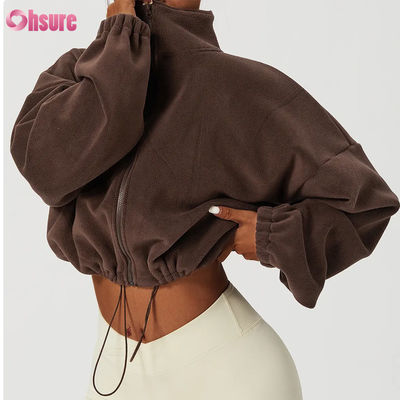 Supporto logo personalizzato di alta qualità Felpa con cappuccio da donna Abbigliamento sportivo fitness Autunno Maniche lunghe Pile Caldo con zip intera Felpe con cappuccio corte
