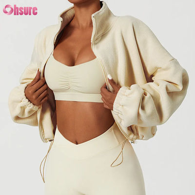 Supporto logo personalizzato di alta qualità Felpa con cappuccio da donna Abbigliamento sportivo fitness Autunno Maniche lunghe Pile Caldo con zip intera Felpe con cappuccio corte