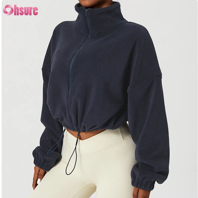 Supporto logo personalizzato di alta qualità Felpa con cappuccio da donna Abbigliamento sportivo fitness Autunno Maniche lunghe Pile Caldo con zip intera Felpe con cappuccio corte