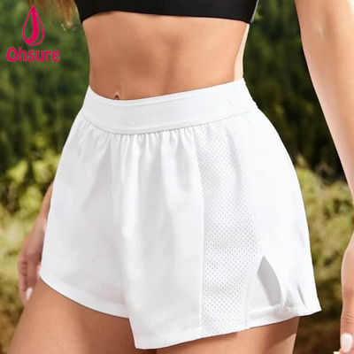 Pantaloncini sportivi da yoga da donna all'ingrosso con logo personalizzato 93% poliestere, 7% spandex a vita alta con elastico in vita 2 in 1 casuali XS-XXL