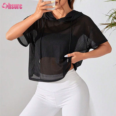 Abbigliamento da allenamento con cappuccio e prospettiva ampia, felpa sportiva con spalle scese e maniche corte per donna, yoga, basic, tinta unita, casual