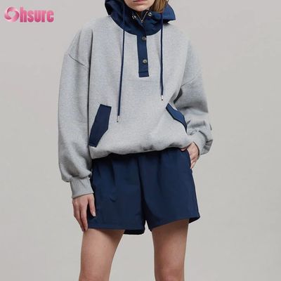 Disegno di moda Comodo di cotone stile oversized bottone colore di contrasto cappuccio da tasca per donne