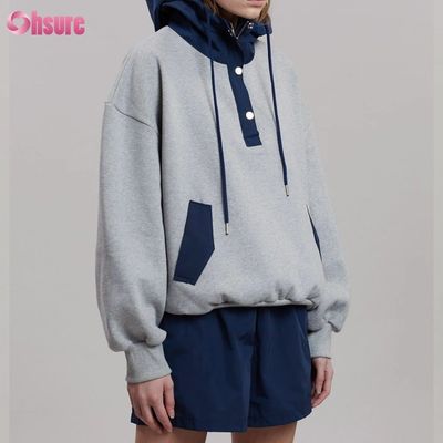 Disegno di moda Comodo di cotone stile oversized bottone colore di contrasto cappuccio da tasca per donne