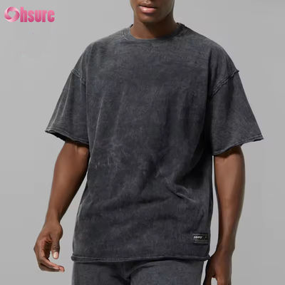 Logo personalizzato Uomo nero pesante 100% cotone Active Oversize Acid Wash Orlo grezzo T-shirt sportiva Maglietta da palestra Uomo