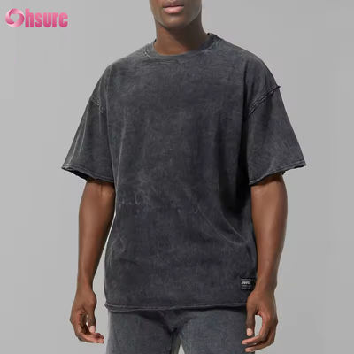 Logo personalizzato Uomo nero pesante 100% cotone Active Oversize Acid Wash Orlo grezzo T-shirt sportiva Maglietta da palestra Uomo
