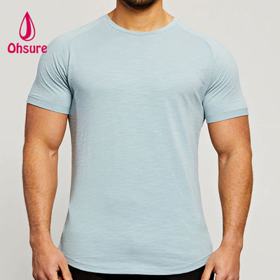 Abbigliamento sportivo in tessuto di bambù, maniche raglan, girocollo, muscolari, leggere, magliette da allenamento per uomo