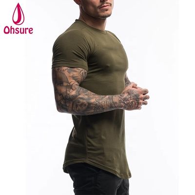 T-shirt da palestra da uomo in cotone spandex personalizzato, abbigliamento verde militare, manica corta, tinta unita, per allenamento
