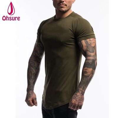 T-shirt da palestra da uomo in cotone spandex personalizzato, abbigliamento verde militare, manica corta, tinta unita, per allenamento