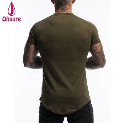 T-shirt da palestra da uomo in cotone spandex personalizzato, abbigliamento verde militare, manica corta, tinta unita, per allenamento